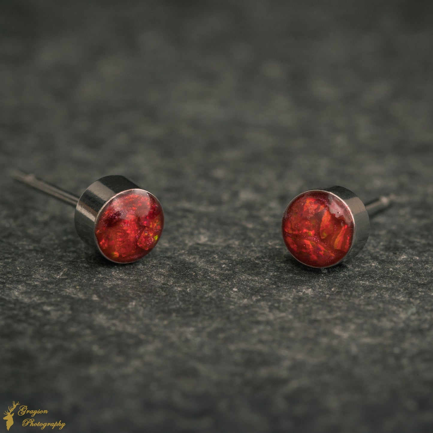 Ruby Red Stud Earring Pair - Handmade Opal Jewellery - 5mm Stainless Steel Earrings - Minimalist Gift for Her or Him