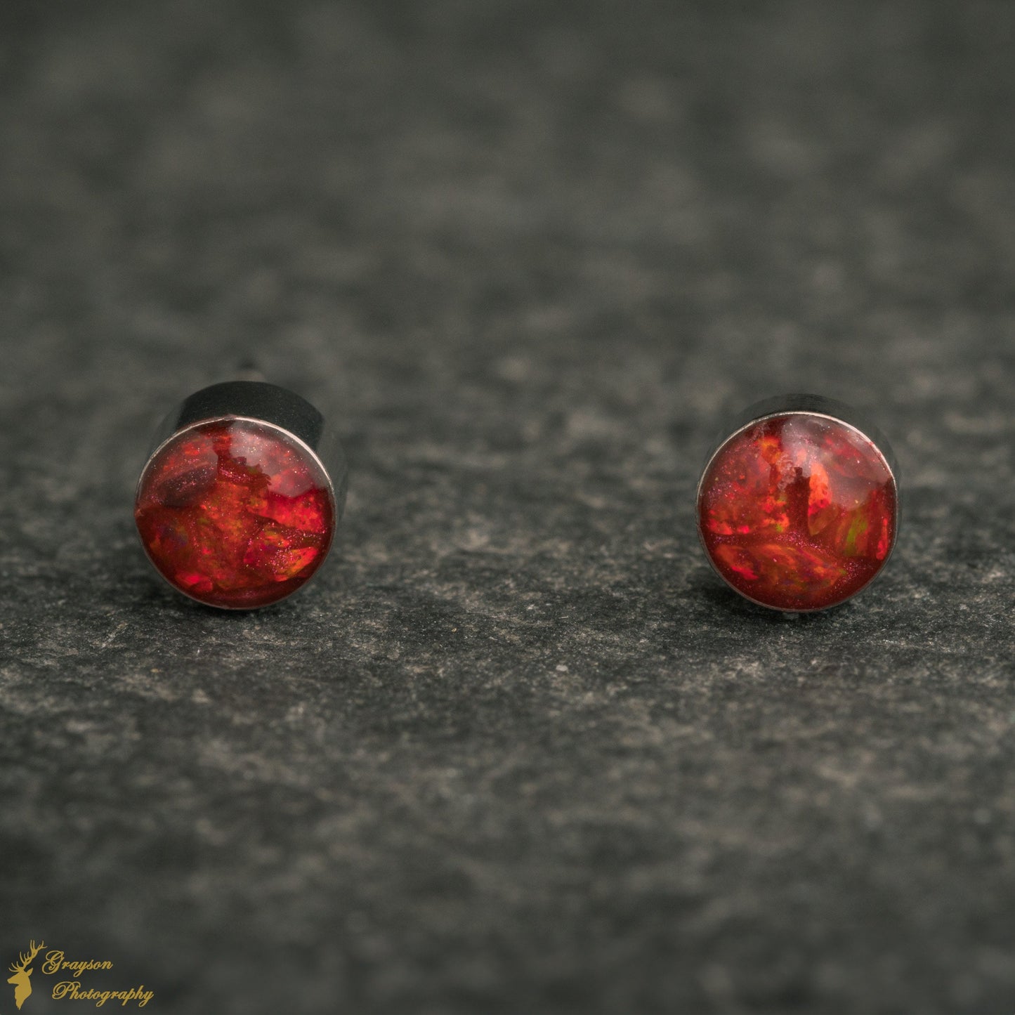 Ruby Red Stud Earring Pair - Handmade Opal Jewellery - 5mm Stainless Steel Earrings - Minimalist Gift for Her or Him