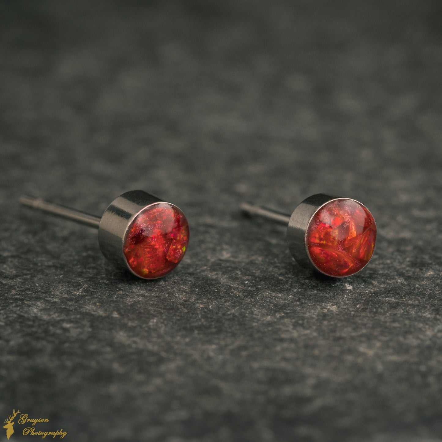 Ruby Red Stud Earring Pair - Handmade Opal Jewellery - 5mm Stainless Steel Earrings - Minimalist Gift for Her or Him