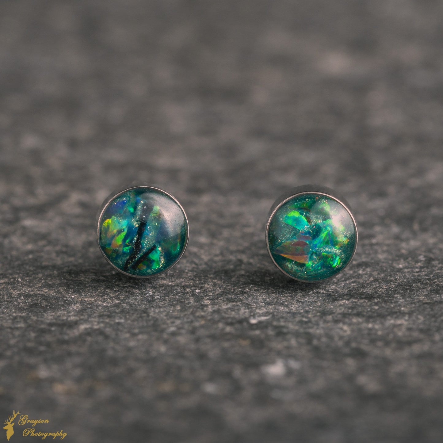 Sea Green Stud Earring Pair - Handmade Opal Jewellery - 5mm Stainless Steel Earrings - Minimalist Gift for Her or Him