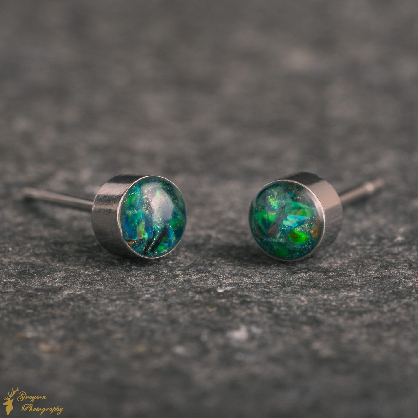 Sea Green Stud Earring Pair - Handmade Opal Jewellery - 5mm Stainless Steel Earrings - Minimalist Gift for Her or Him