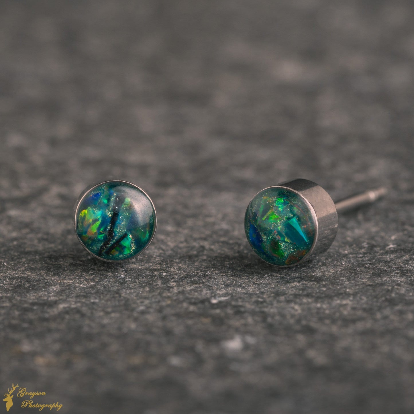 Sea Green Stud Earring Pair - Handmade Opal Jewellery - 5mm Stainless Steel Earrings - Minimalist Gift for Her or Him