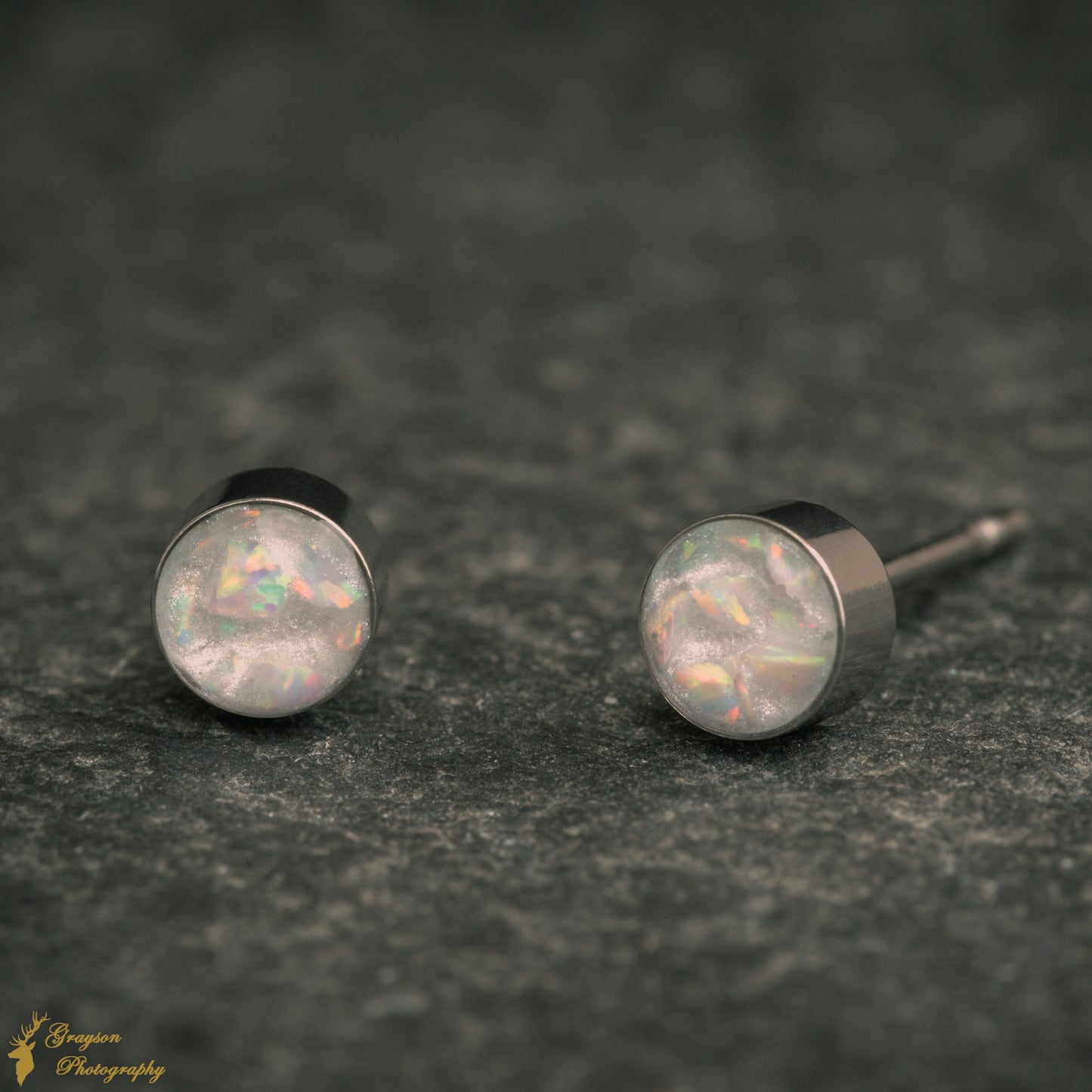 Snow White Stud Earring Pair - Handmade Opal Jewellery - 5mm Stainless Steel Earrings - Minimalist Gift for Her or Him