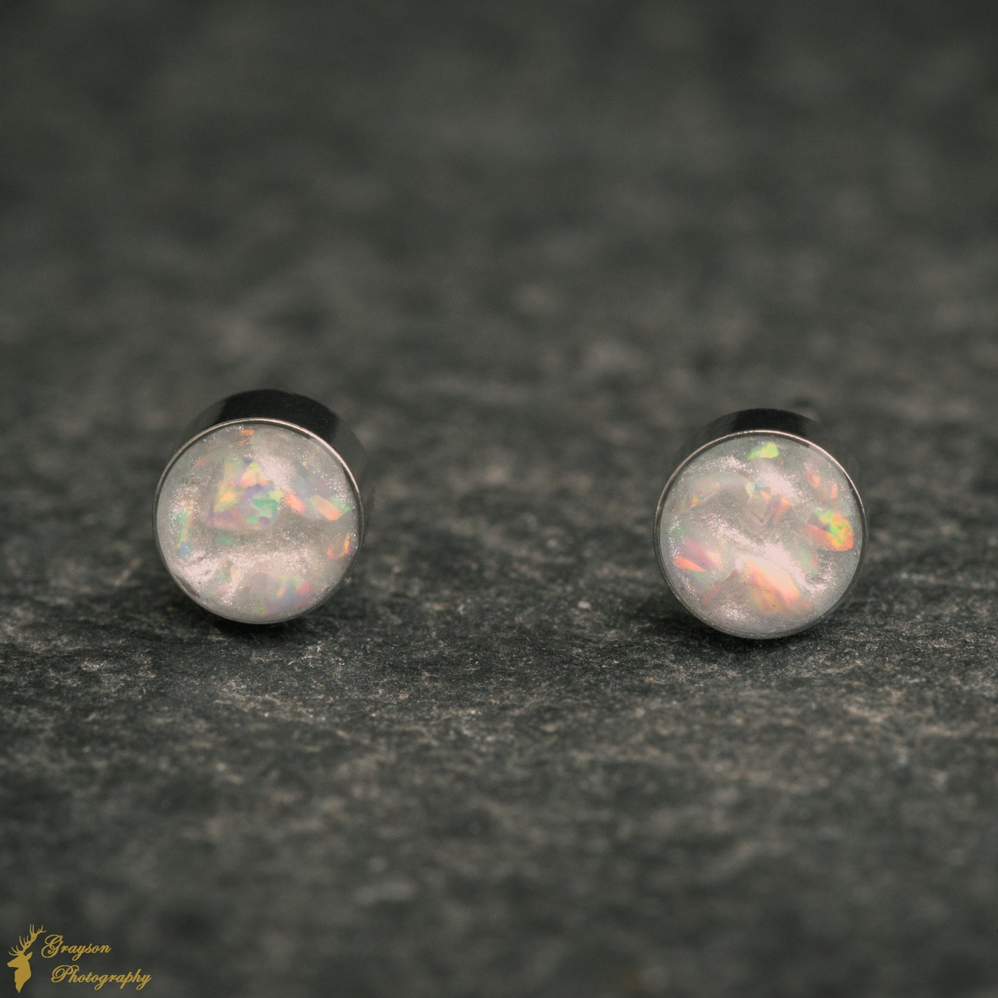 Snow White Stud Earring Pair - Handmade Opal Jewellery - 5mm Stainless Steel Earrings - Minimalist Gift for Her or Him