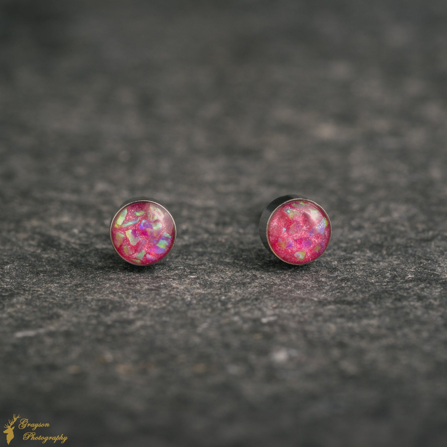 Magenta Stud Earring Pair - Handmade Pink Opal Jewellery - 5mm Stainless Steel Earrings - Minimalist Gift for Her or Him