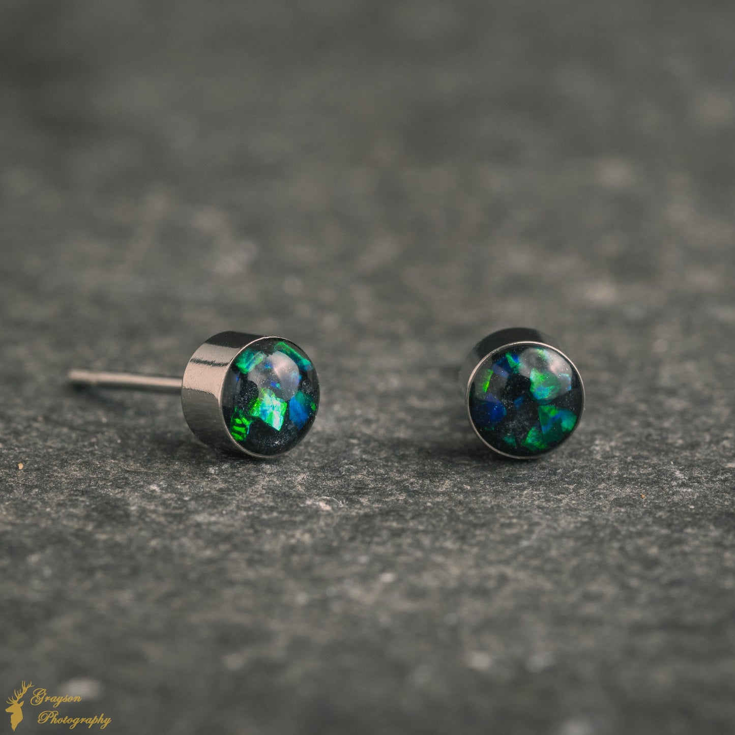 Black Emerald Opal Stud Earrings – Handmade 5mm Stainless Steel