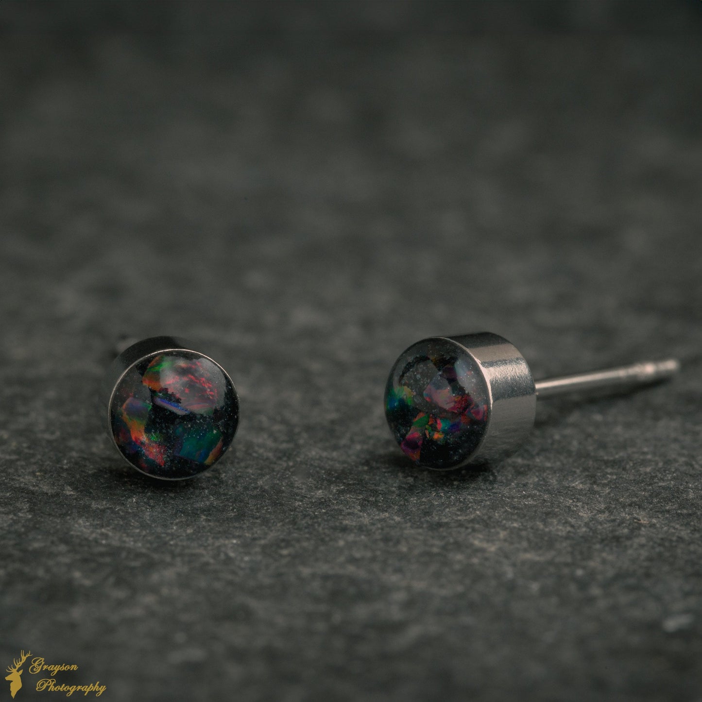 Space Black Stud Earring Pair - Handmade Opal Jewellery - 5mm Stainless Steel Earrings - Minimalist Gift for Her or Him