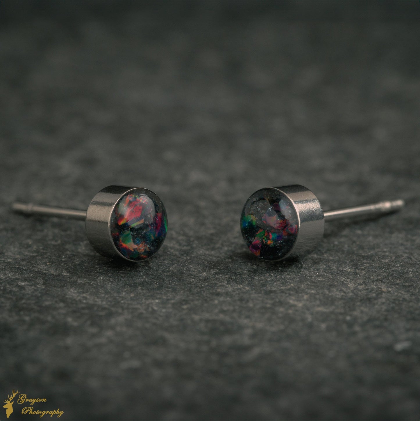 Space Black Stud Earring Pair - Handmade Opal Jewellery - 5mm Stainless Steel Earrings - Minimalist Gift for Her or Him