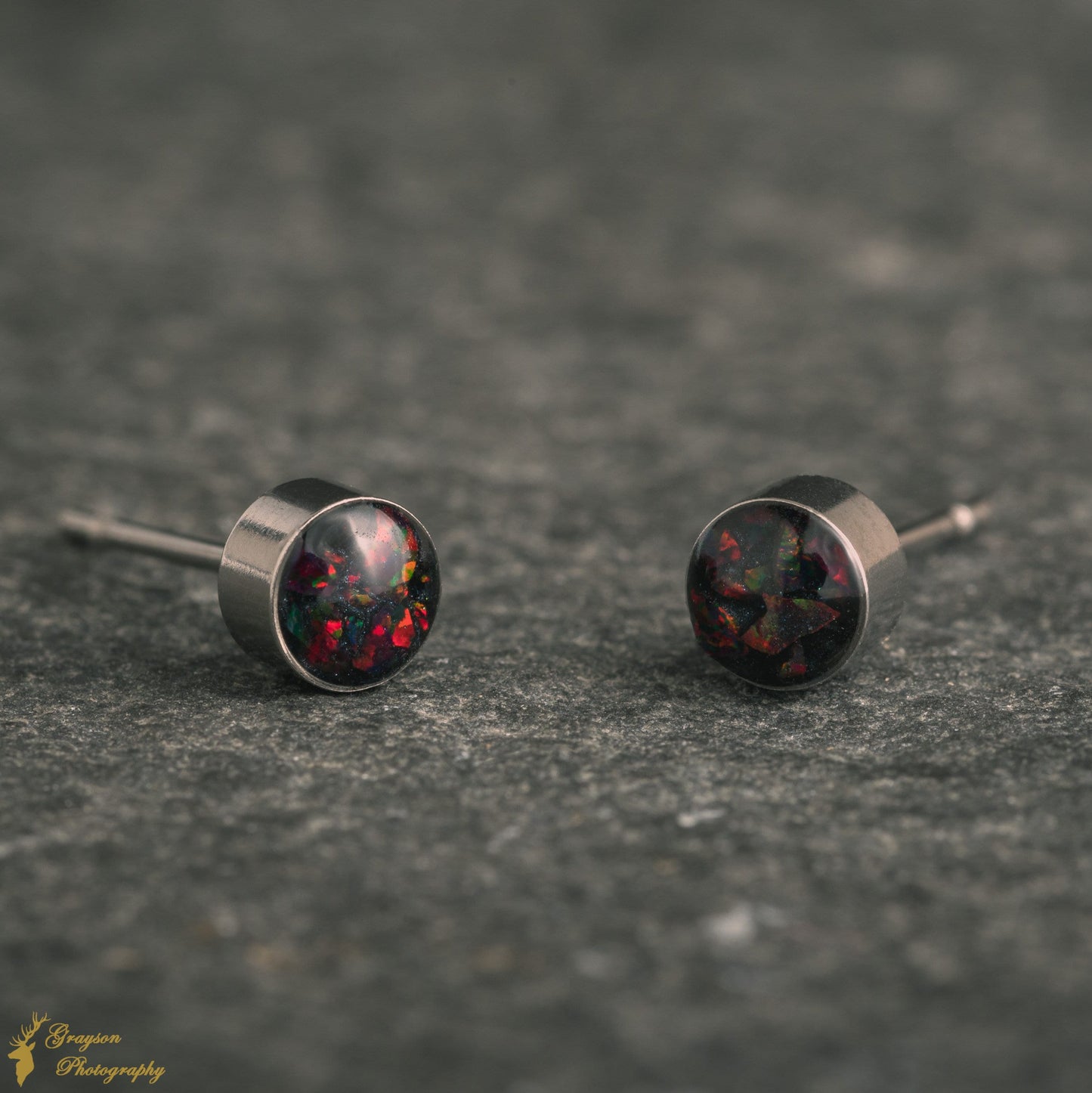 Molten Black Stud Earring Pair - Handmade Opal Jewellery - 5mm Stainless Steel Earrings - Minimalist Gift for Her or Him