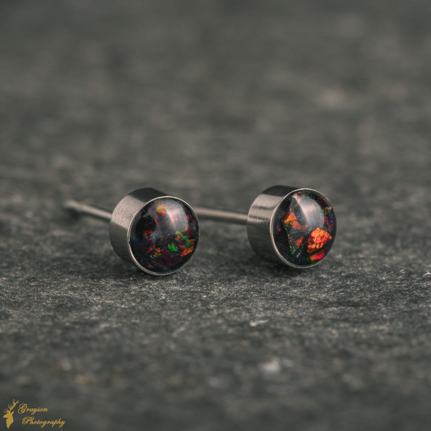 Molten Black Stud Earring Pair - Handmade Opal Jewellery - 5mm Stainless Steel Earrings - Minimalist Gift for Her or Him