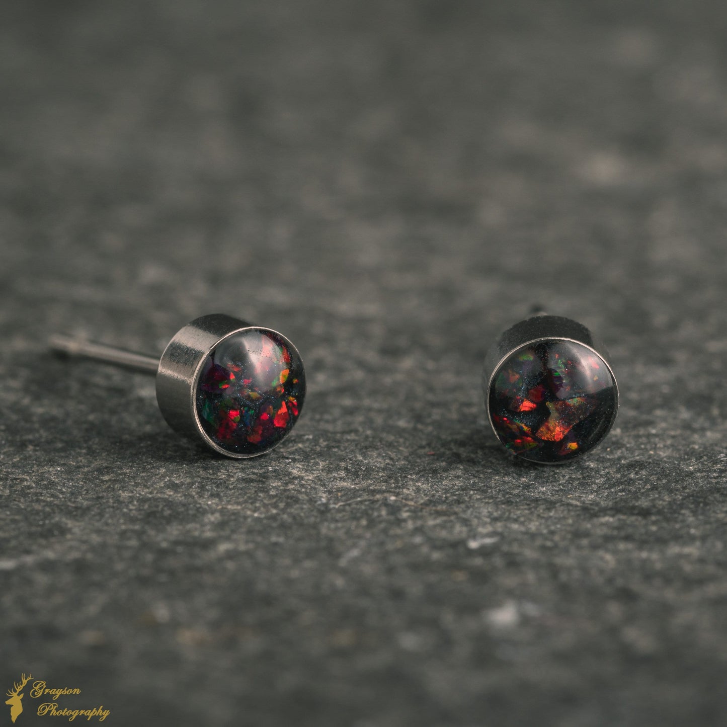 Molten Black Stud Earring Pair - Handmade Opal Jewellery - 5mm Stainless Steel Earrings - Minimalist Gift for Her or Him