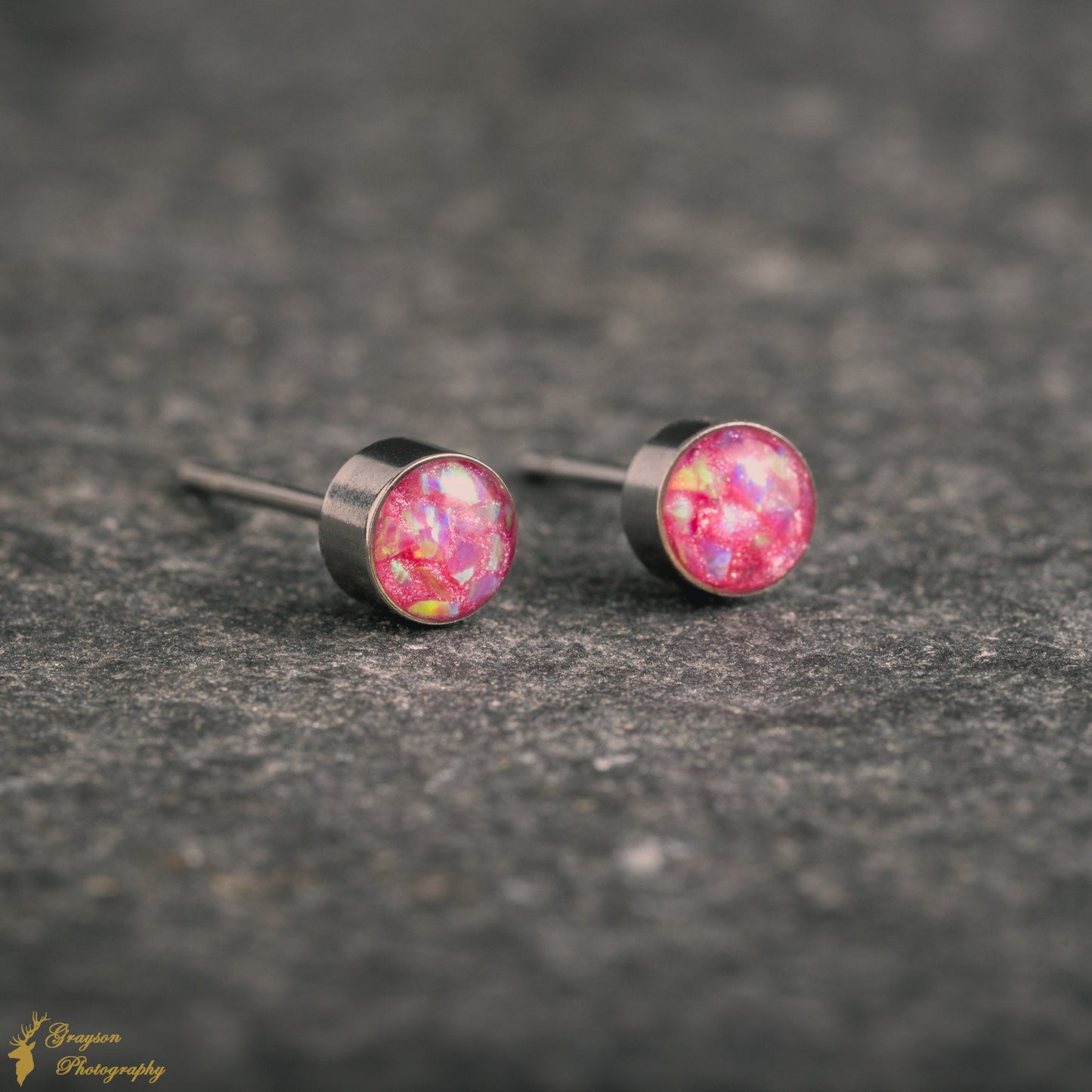 Magenta Stud Earring Pair - Handmade Pink Opal Jewellery - 5mm Stainless Steel Earrings - Minimalist Gift for Her or Him