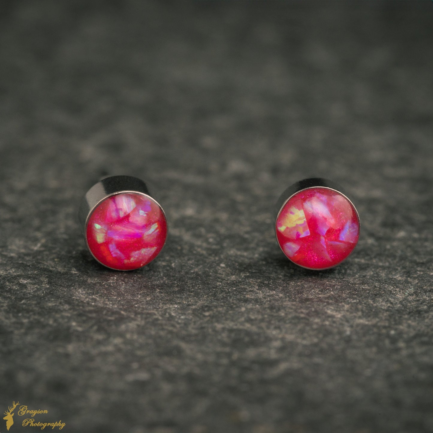 Neon Pink Stud Earring Pair - Handmade Opal Jewellery - 5mm Stainless Steel Earrings - Minimalist Gift for Her or Him