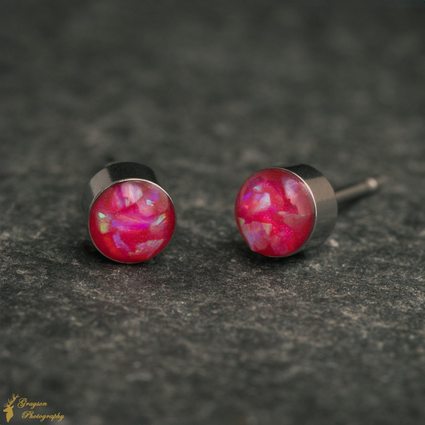 Neon Pink Stud Earring Pair - Handmade Opal Jewellery - 5mm Stainless Steel Earrings - Minimalist Gift for Her or Him