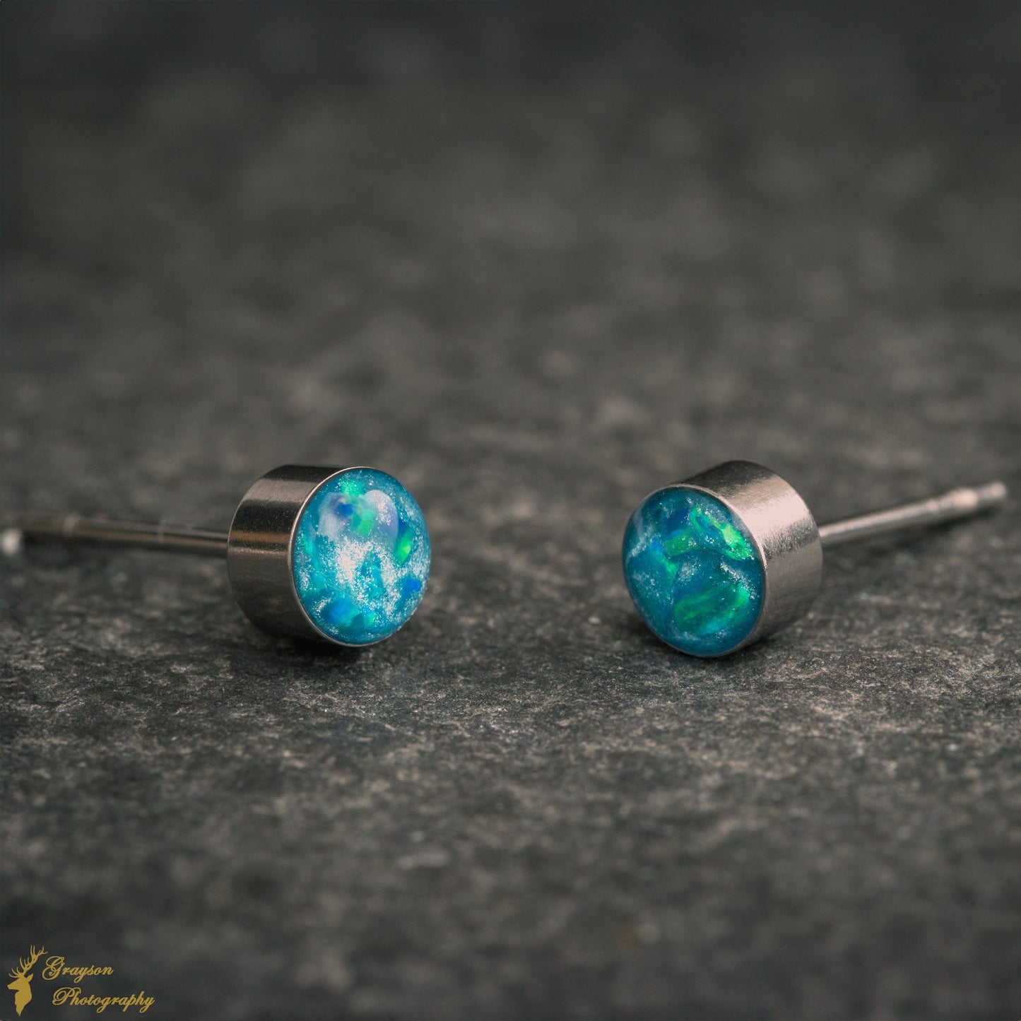 Peacock Blue Stud Earring Pair - Handmade Opal Jewellery - 5mm Stainless Steel Earrings - Minimalist Gift for Her or Him