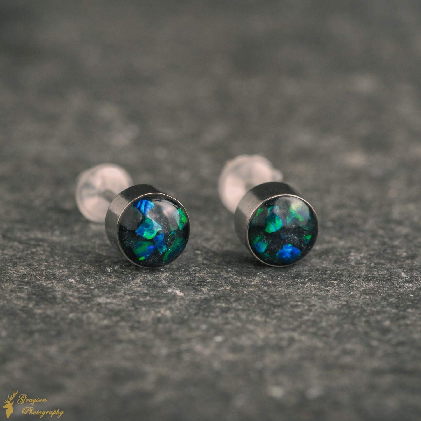 Black Emerald Opal Stud Earrings – Handmade 5mm Stainless Steel