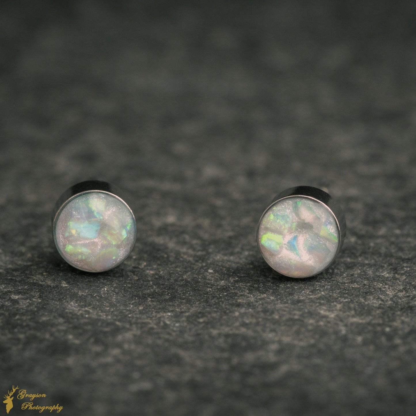 Blue Ice White Opal Stud Earrings – Handmade 5mm Stainless Steel