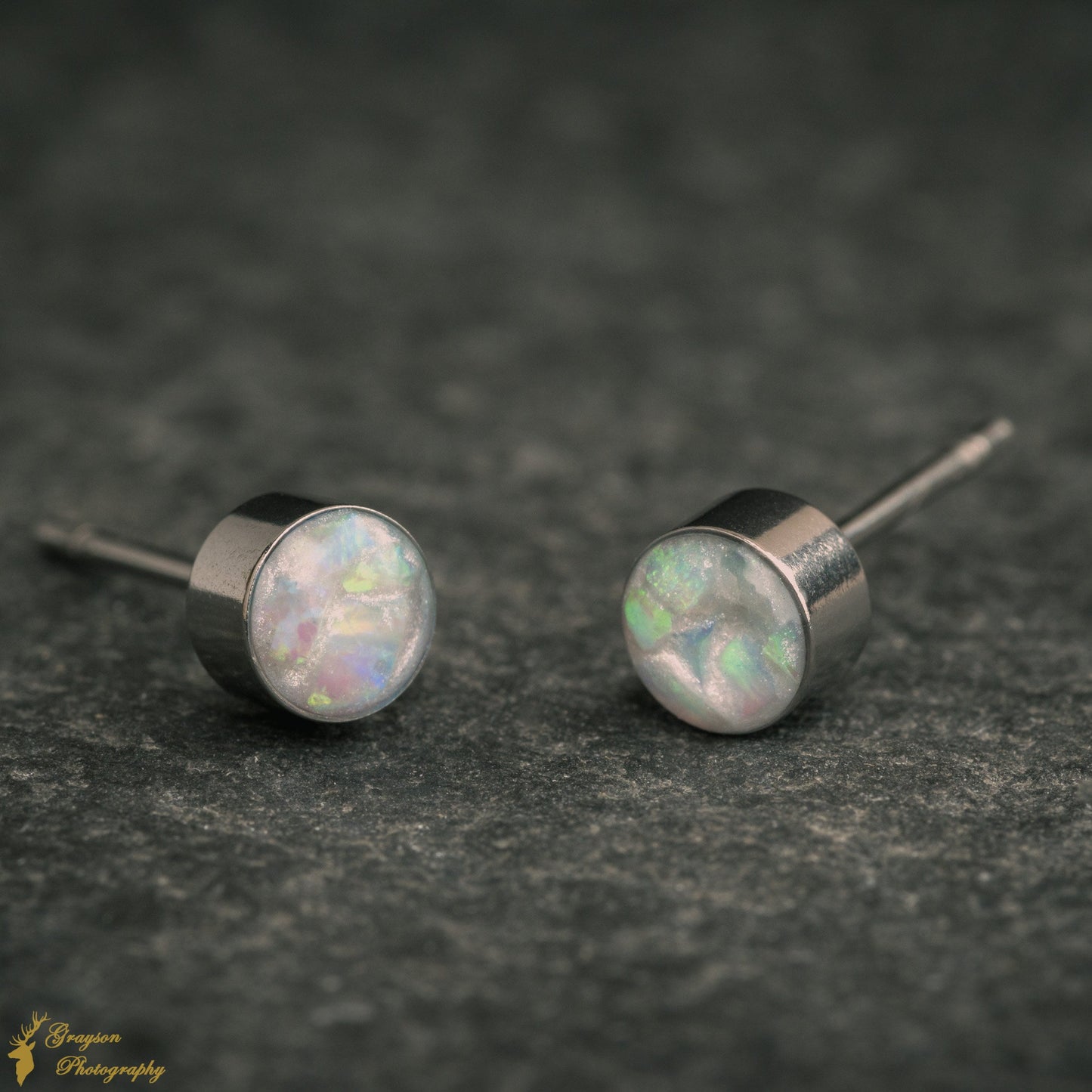 Blue Ice White Opal Stud Earrings – Handmade 5mm Stainless Steel