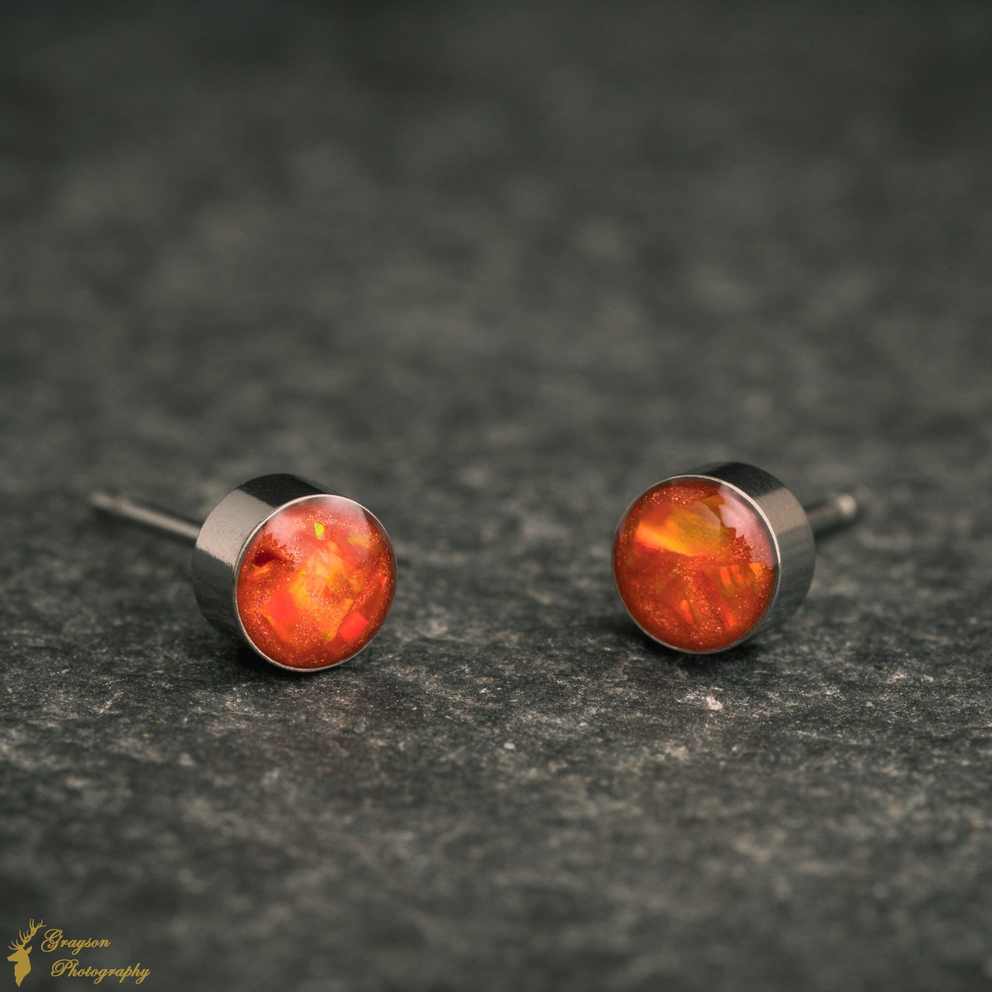 Fire Orange Stud Earring Pair - Handmade Opal Jewellery - 5mm Stainless Steel Earrings - Minimalist Gift for Her or Him