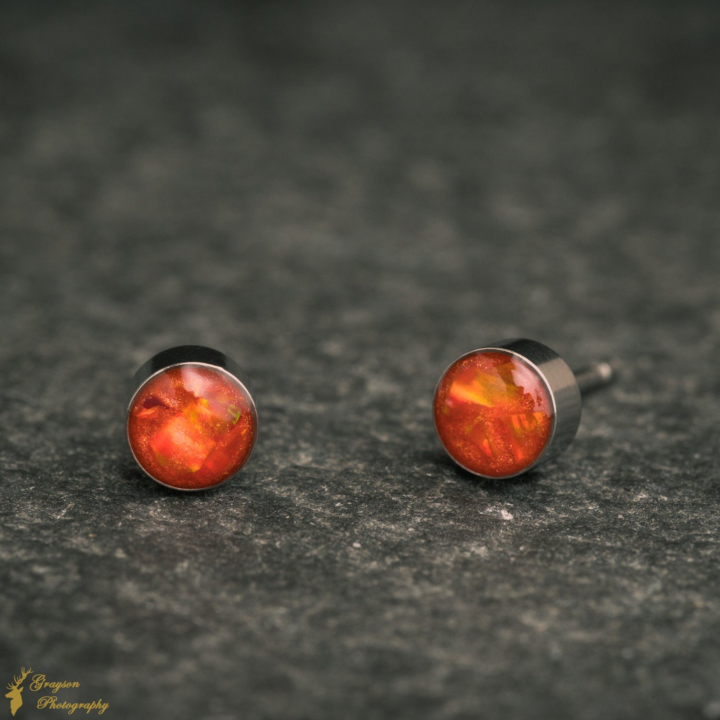 Fire Orange Stud Earring Pair - Handmade Opal Jewellery - 5mm Stainless Steel Earrings - Minimalist Gift for Her or Him