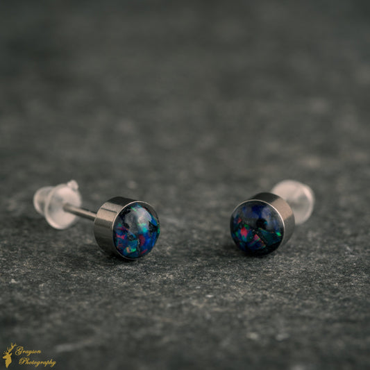 Starry Night Stud Earring Pair - Handmade Opal Jewellery - 5mm Stainless Steel Earrings - Minimalist Gift for Her or Him