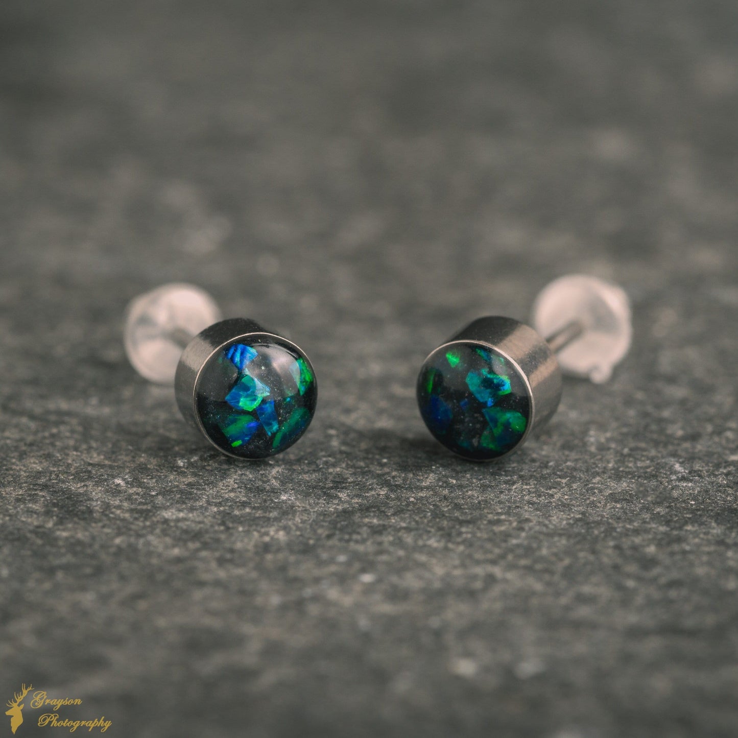 Black Emerald Opal Stud Earrings – Handmade 5mm Stainless Steel