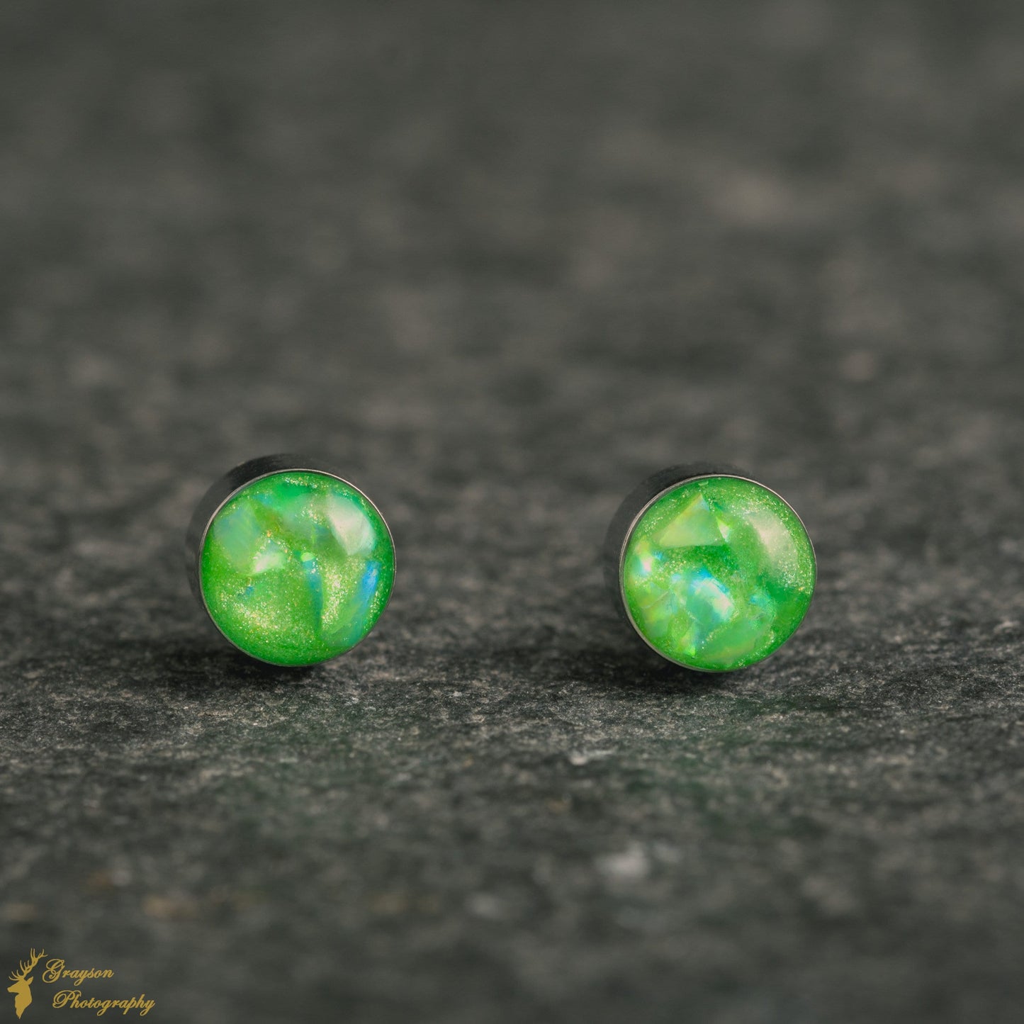 Neon Green Stud Earring Pair - Handmade Opal Jewellery - 5mm Stainless Steel Earrings - Minimalist Gift for Her or Him