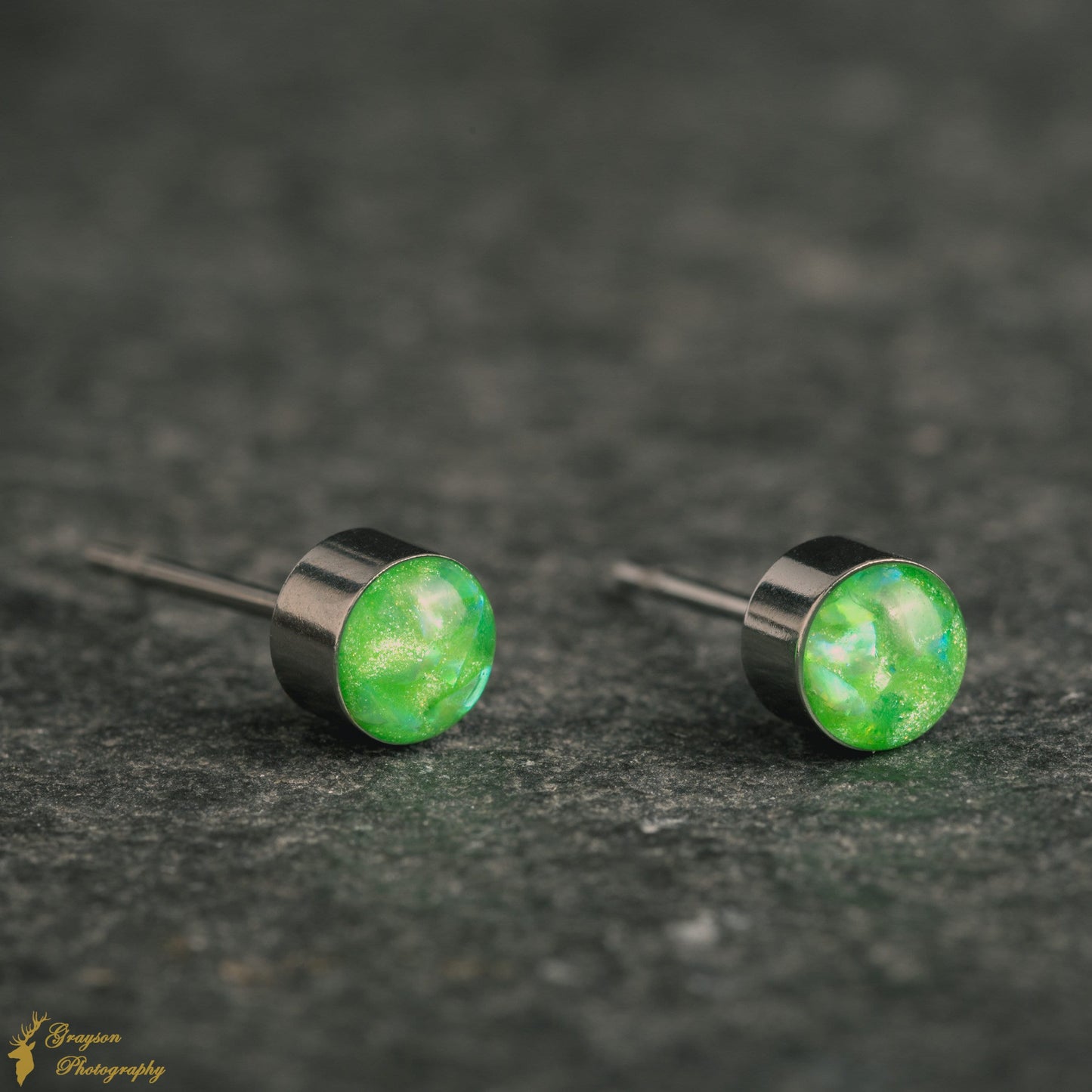 Neon Green Stud Earring Pair - Handmade Opal Jewellery - 5mm Stainless Steel Earrings - Minimalist Gift for Her or Him