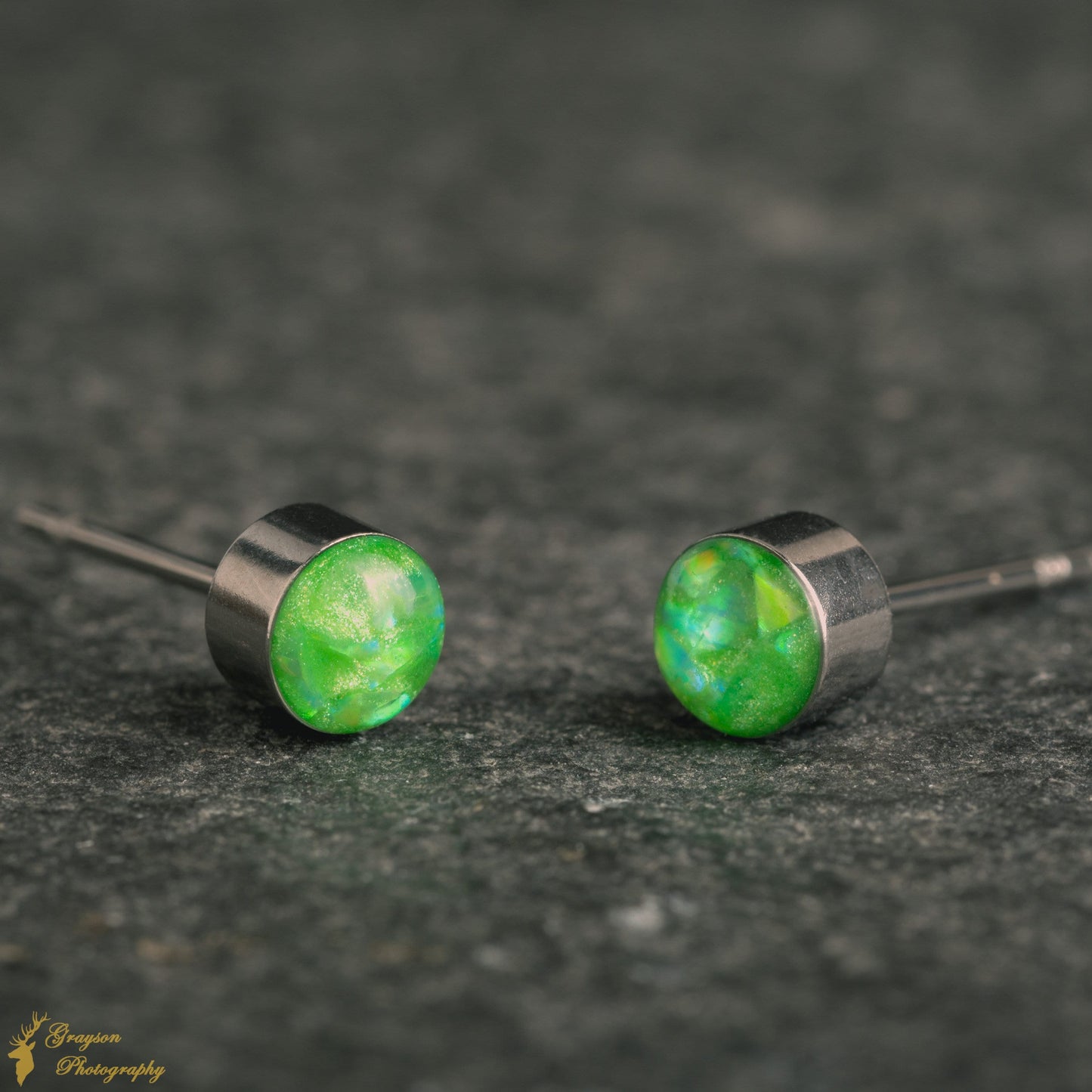 Neon Green Stud Earring Pair - Handmade Opal Jewellery - 5mm Stainless Steel Earrings - Minimalist Gift for Her or Him