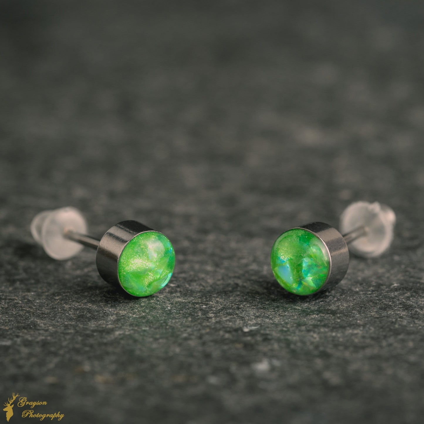 Neon Green Stud Earring Pair - Handmade Opal Jewellery - 5mm Stainless Steel Earrings - Minimalist Gift for Her or Him