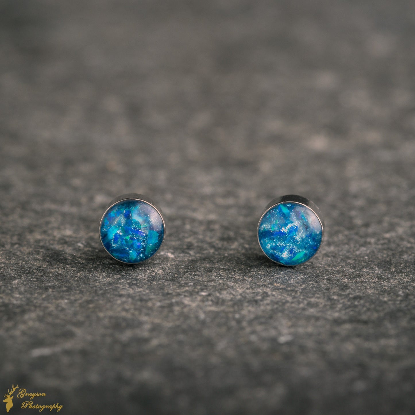 Ocean Blue Stud Earring Pair - Handmade Opal Jewellery - 5mm Stainless Steel Earrings - Minimalist Gift for Her or Him