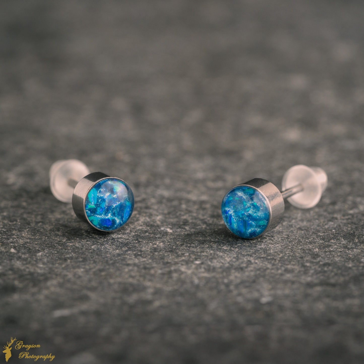 Ocean Blue Stud Earring Pair - Handmade Opal Jewellery - 5mm Stainless Steel Earrings - Minimalist Gift for Her or Him