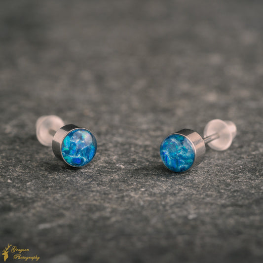 Ocean Blue Stud Earring Pair - Handmade Opal Jewellery - 5mm Stainless Steel Earrings - Minimalist Gift for Her or Him