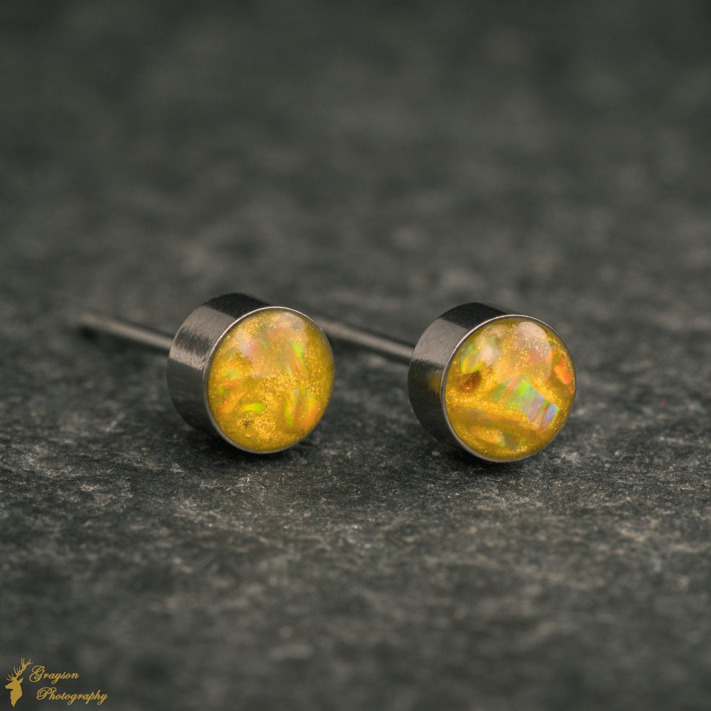 Olive Yellow Stud Earring Pair - Handmade Opal Jewellery - 5mm Stainless Steel Earrings - Minimalist Gift for Her or Him