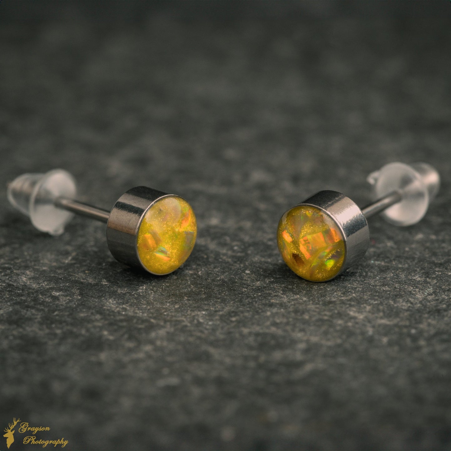 Olive Yellow Stud Earring Pair - Handmade Opal Jewellery - 5mm Stainless Steel Earrings - Minimalist Gift for Her or Him