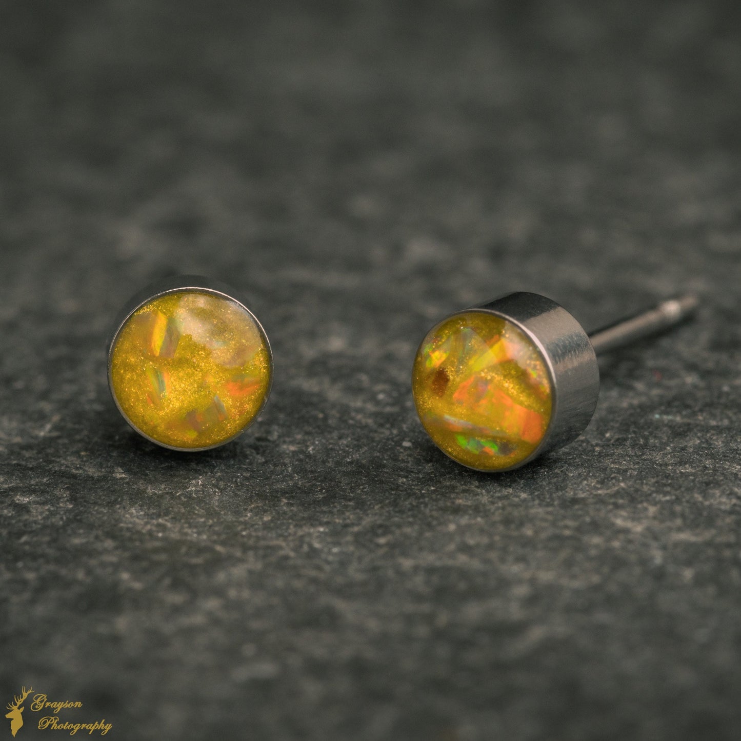 Olive Yellow Stud Earring Pair - Handmade Opal Jewellery - 5mm Stainless Steel Earrings - Minimalist Gift for Her or Him