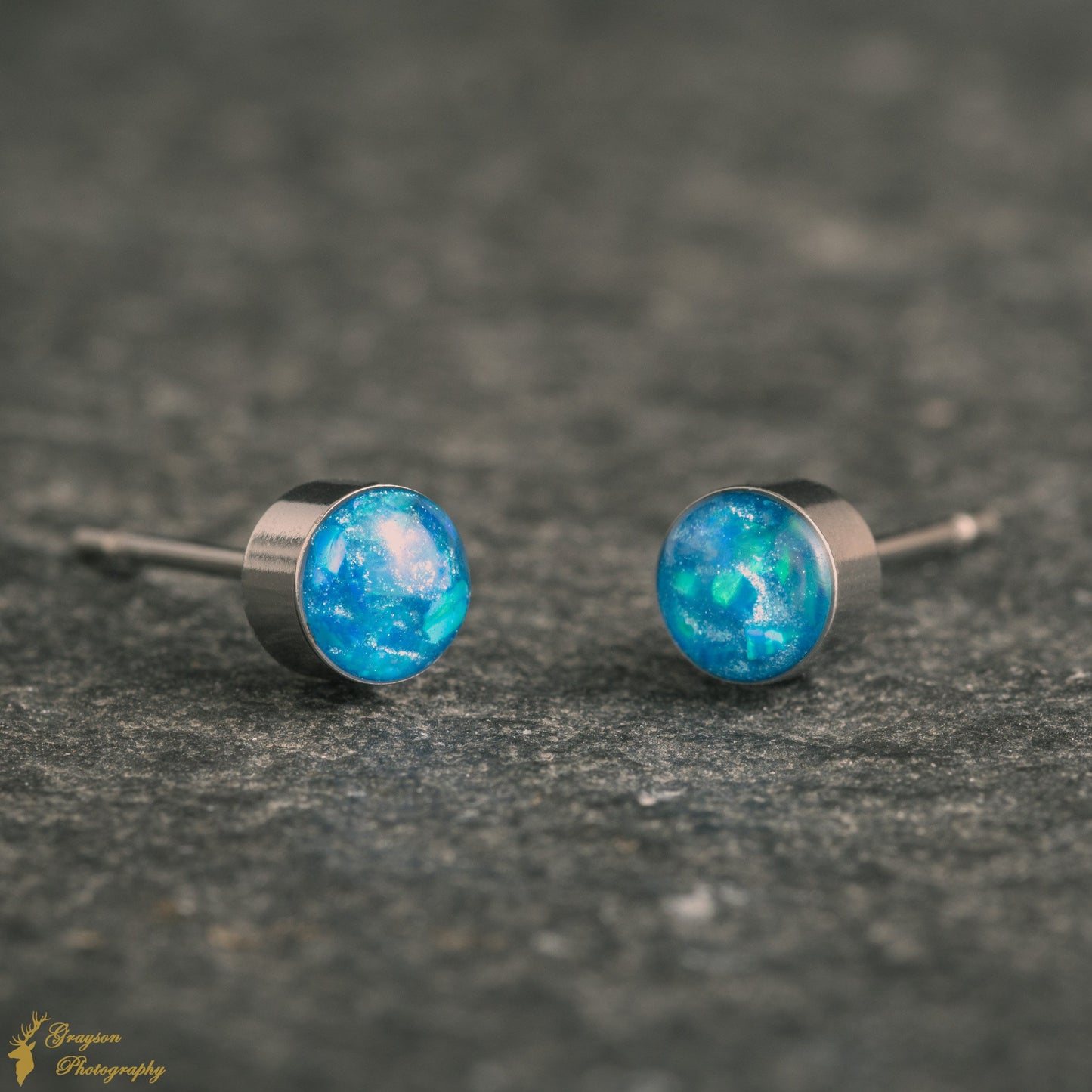 Pacific Blue Stud Earring Pair - Handmade Opal Jewellery - 5mm Stainless Steel Earrings - Minimalist Gift for Her or Him