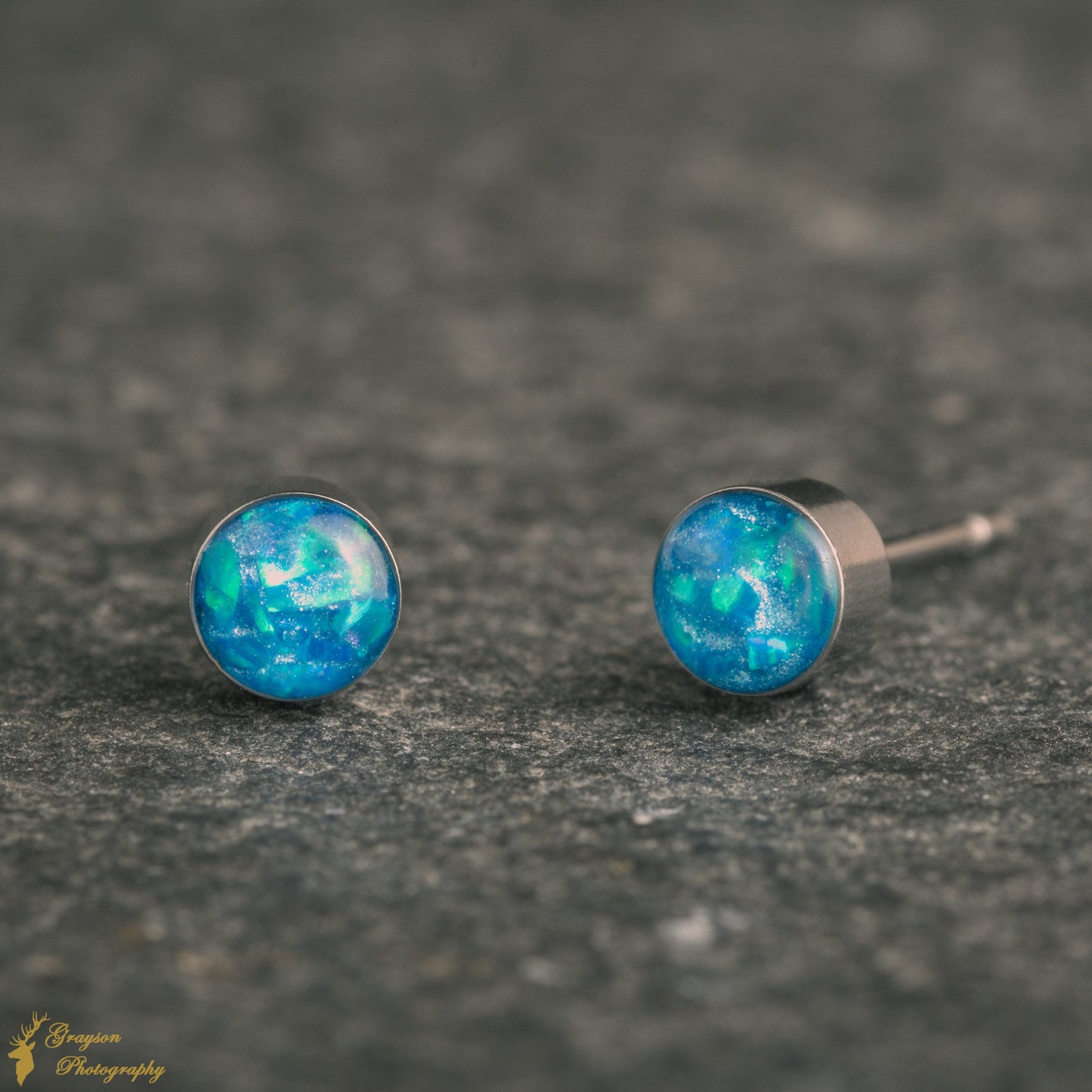 Pacific Blue Stud Earring Pair - Handmade Opal Jewellery - 5mm Stainless Steel Earrings - Minimalist Gift for Her or Him