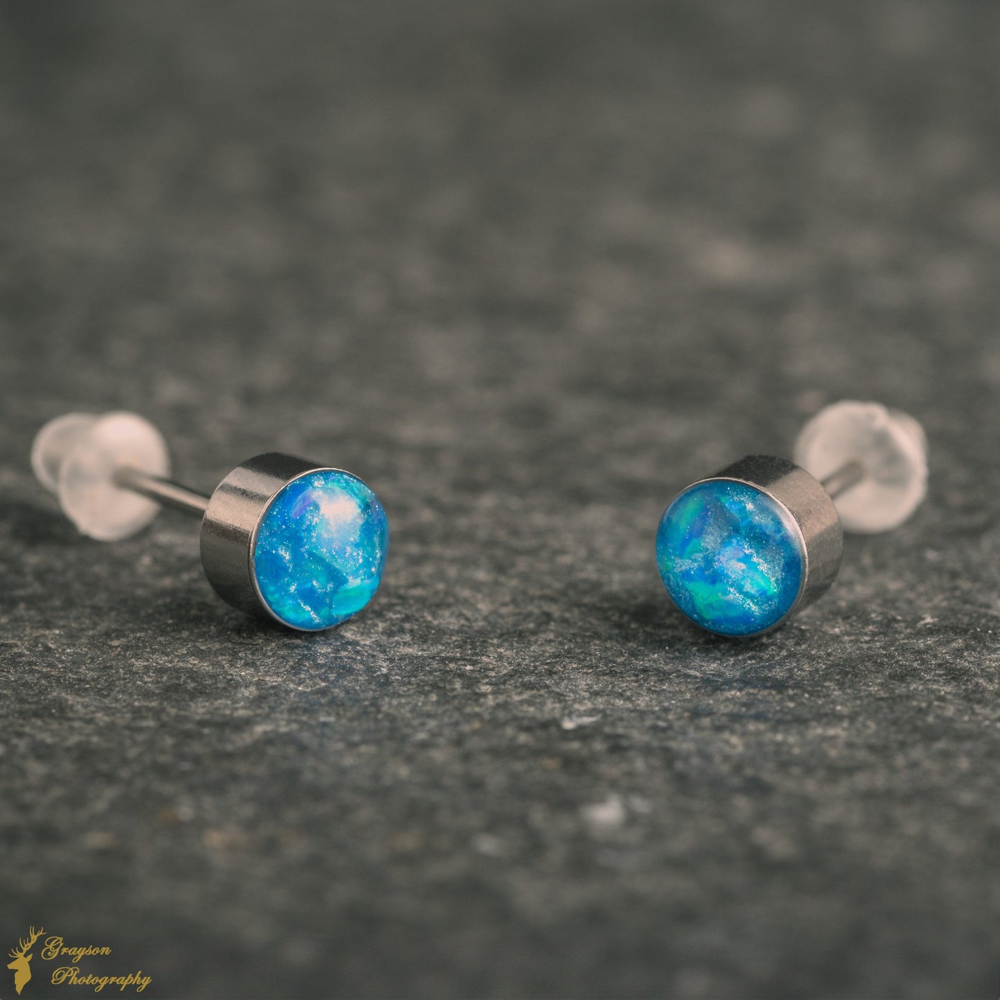 Pacific Blue Stud Earring Pair - Handmade Opal Jewellery - 5mm Stainless Steel Earrings - Minimalist Gift for Her or Him