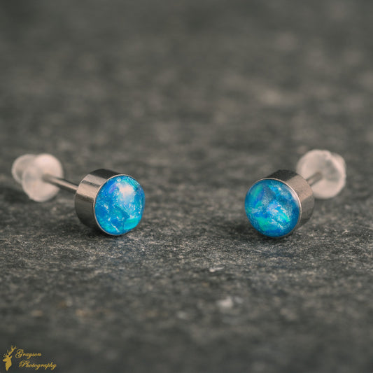 Pacific Blue Stud Earring Pair - Handmade Opal Jewellery - 5mm Stainless Steel Earrings - Minimalist Gift for Her or Him