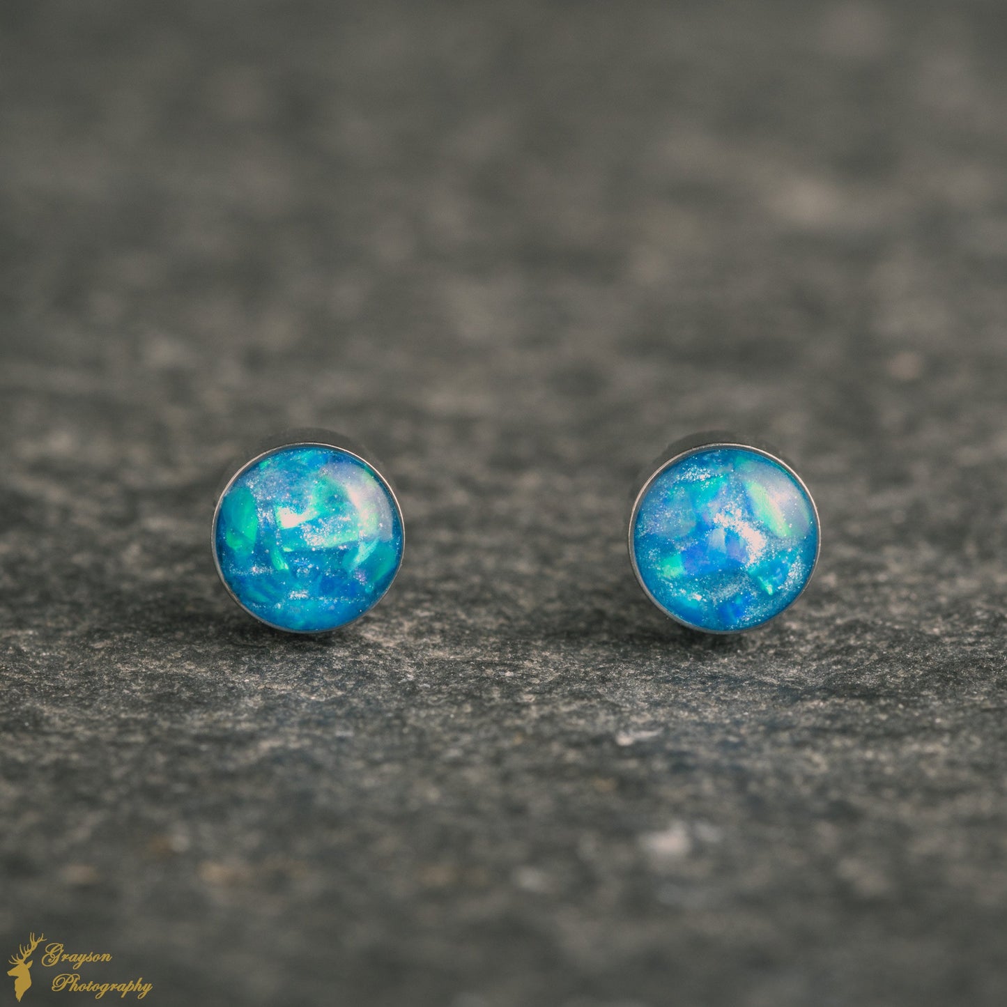 Pacific Blue Stud Earring Pair - Handmade Opal Jewellery - 5mm Stainless Steel Earrings - Minimalist Gift for Her or Him