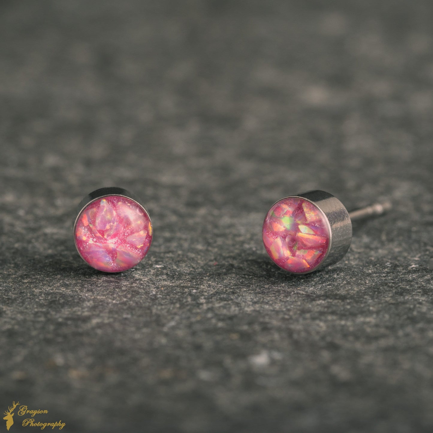 Rose Pink Stud Earring Pair - Handmade Opal Jewellery - 5mm Stainless Steel Earrings - Minimalist Gift for Her or Him