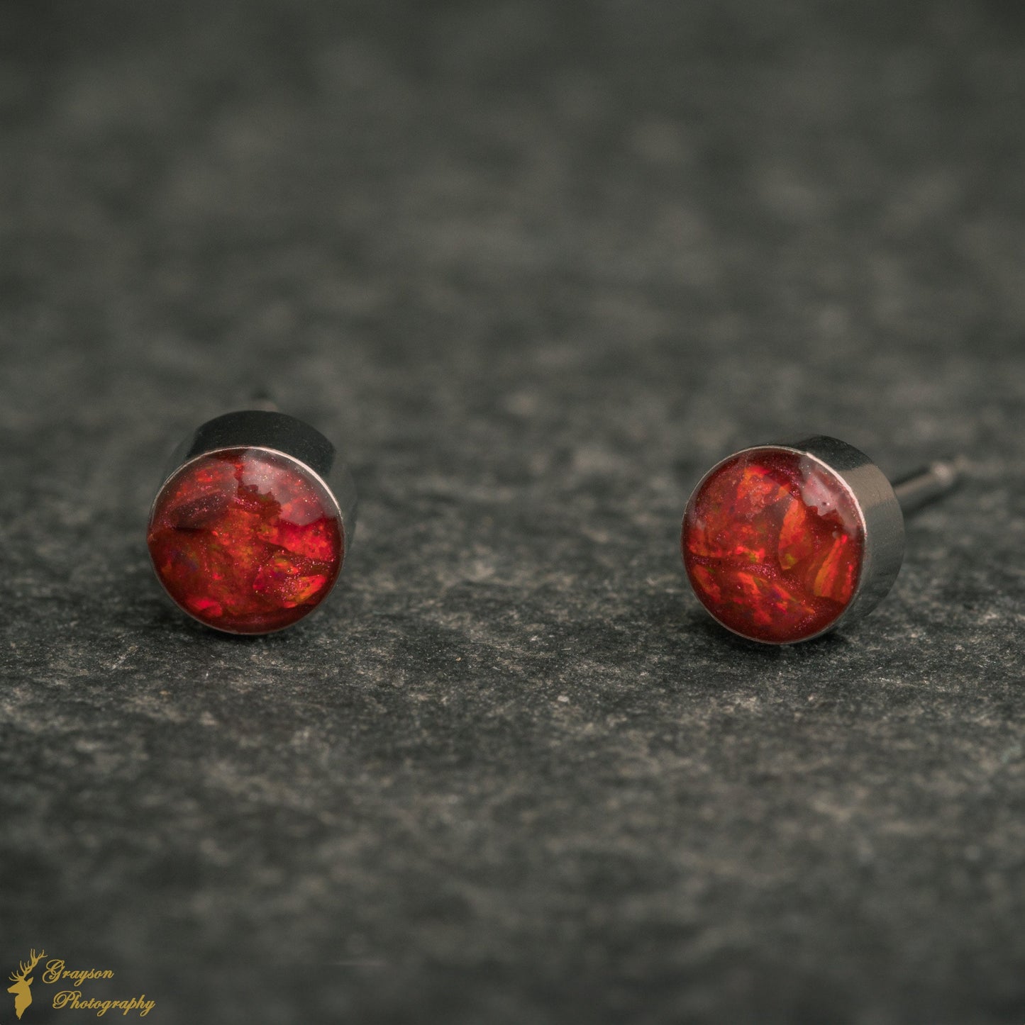 Ruby Red Stud Earring Pair - Handmade Opal Jewellery - 5mm Stainless Steel Earrings - Minimalist Gift for Her or Him