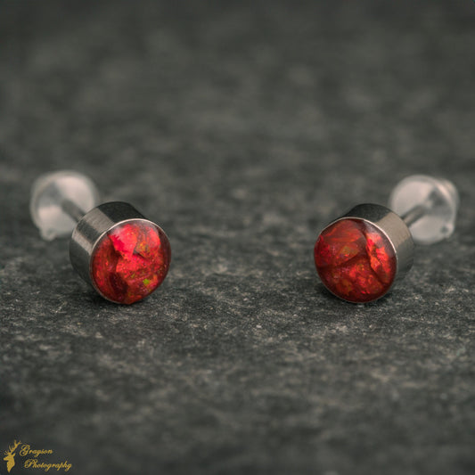 Ruby Red Stud Earring Pair - Handmade Opal Jewellery - 5mm Stainless Steel Earrings - Minimalist Gift for Her or Him