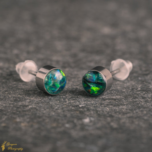 Sea Green Stud Earring Pair - Handmade Opal Jewellery - 5mm Stainless Steel Earrings - Minimalist Gift for Her or Him