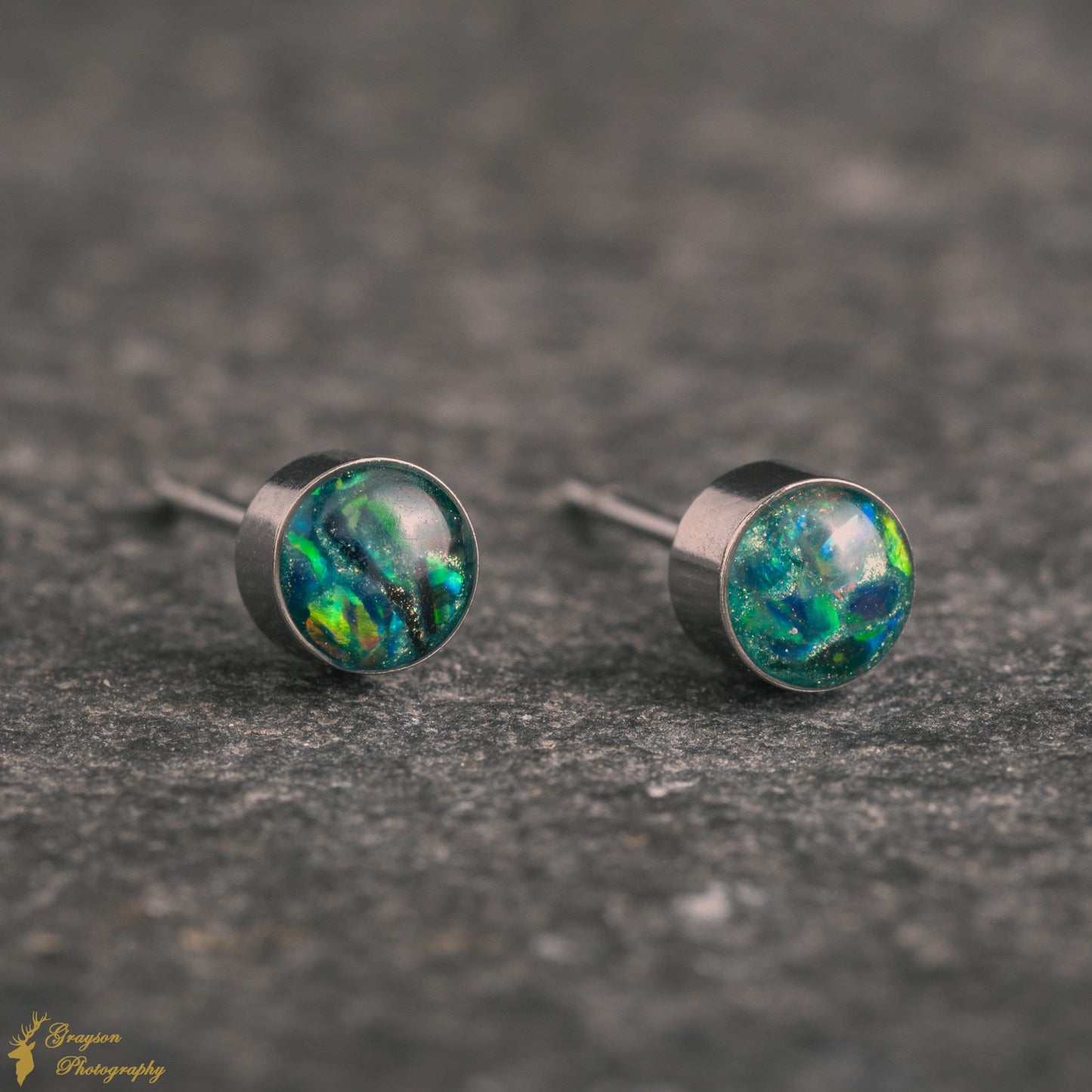 Sea Green Stud Earring Pair - Handmade Opal Jewellery - 5mm Stainless Steel Earrings - Minimalist Gift for Her or Him