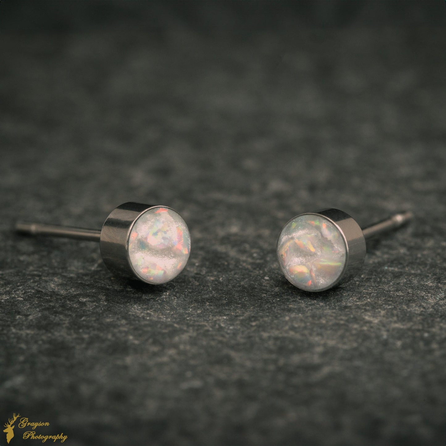 Snow White Stud Earring Pair - Handmade Opal Jewellery - 5mm Stainless Steel Earrings - Minimalist Gift for Her or Him