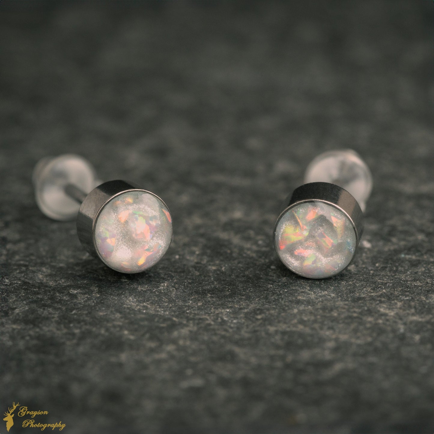 Snow White Stud Earring Pair - Handmade Opal Jewellery - 5mm Stainless Steel Earrings - Minimalist Gift for Her or Him